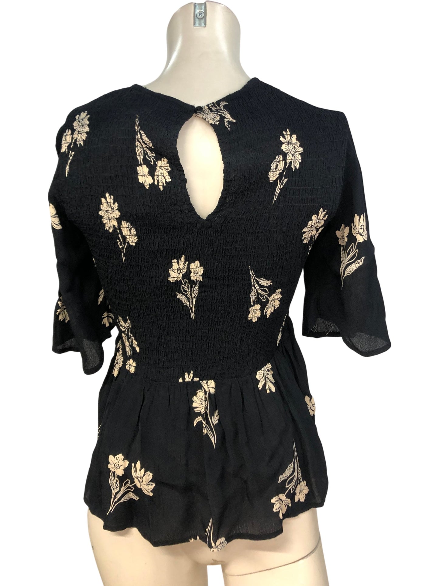 Rivers Island Casual Black Peplum Top UK6 Women's Floral Embroidery Short Sleeve