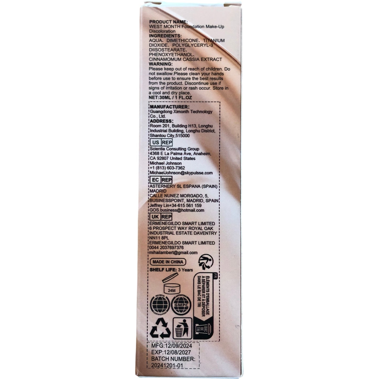 West Month Foundation Make-Up Discoloration SPF 15 All Day Flawless 30ml