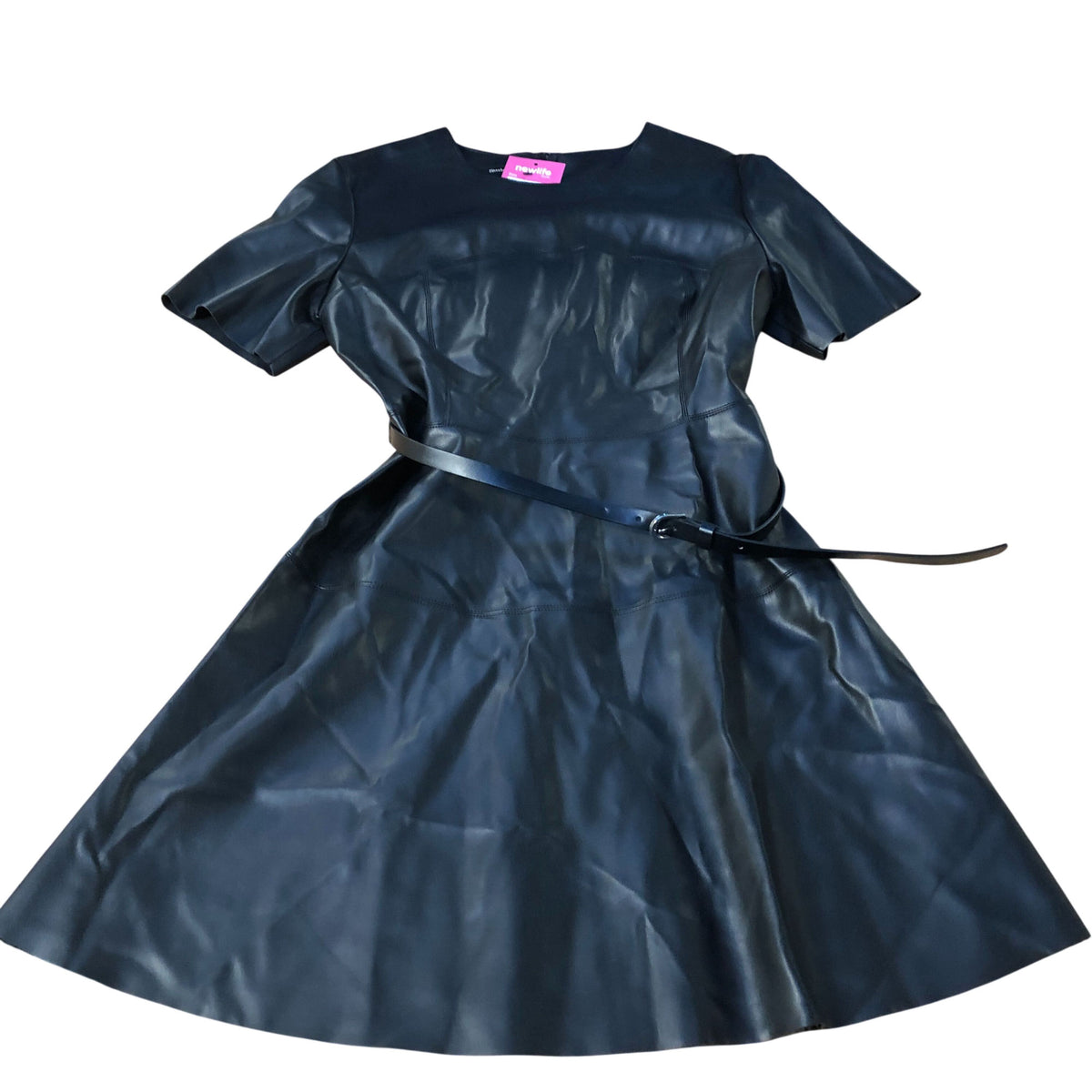 River Island Black Faux Leather Belted Dress UK12 Women's Short Sleeve