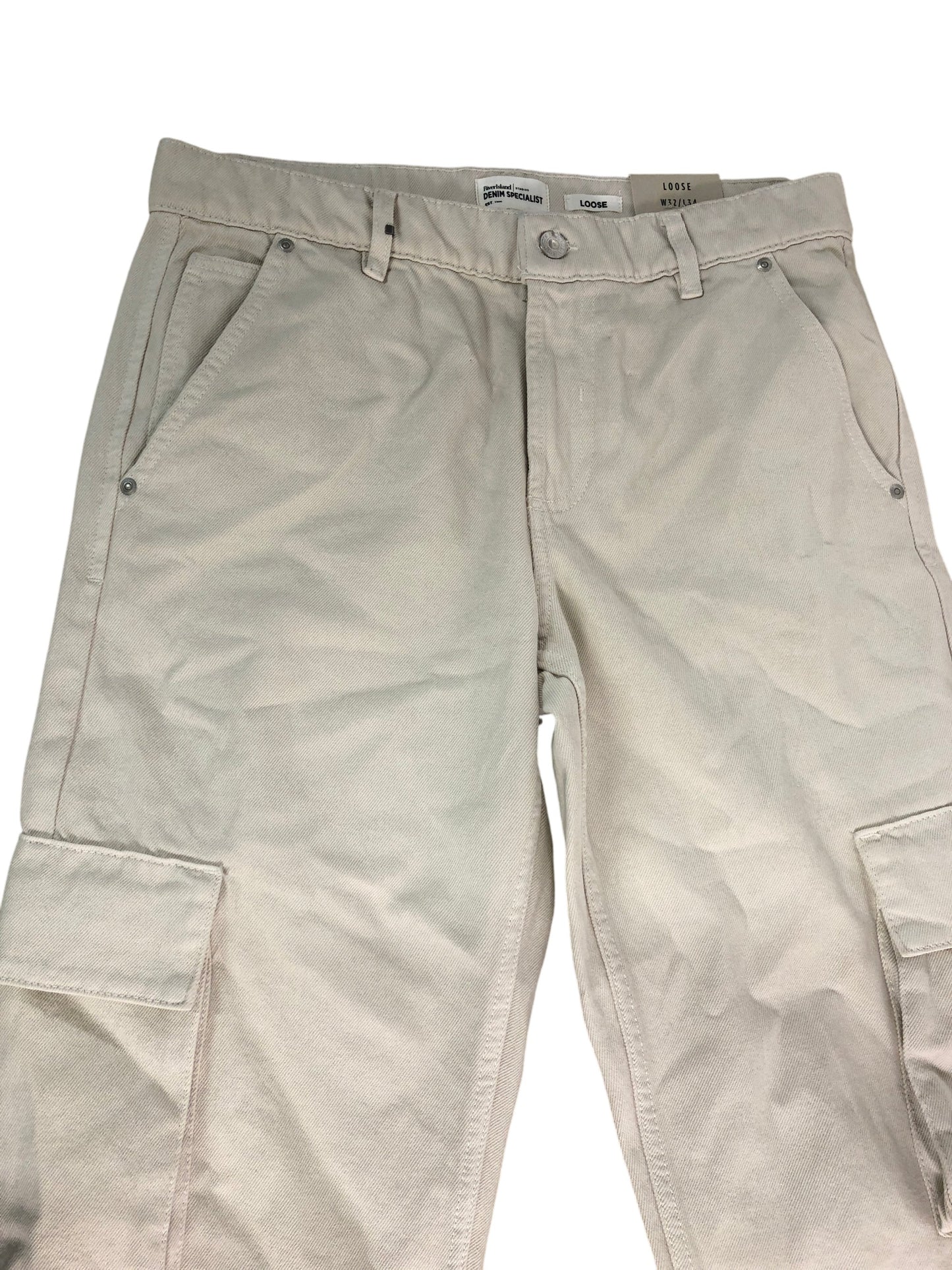 River Island Loose Cargo Trousers UK32 Men's Beige Cotton Lightweight Pants