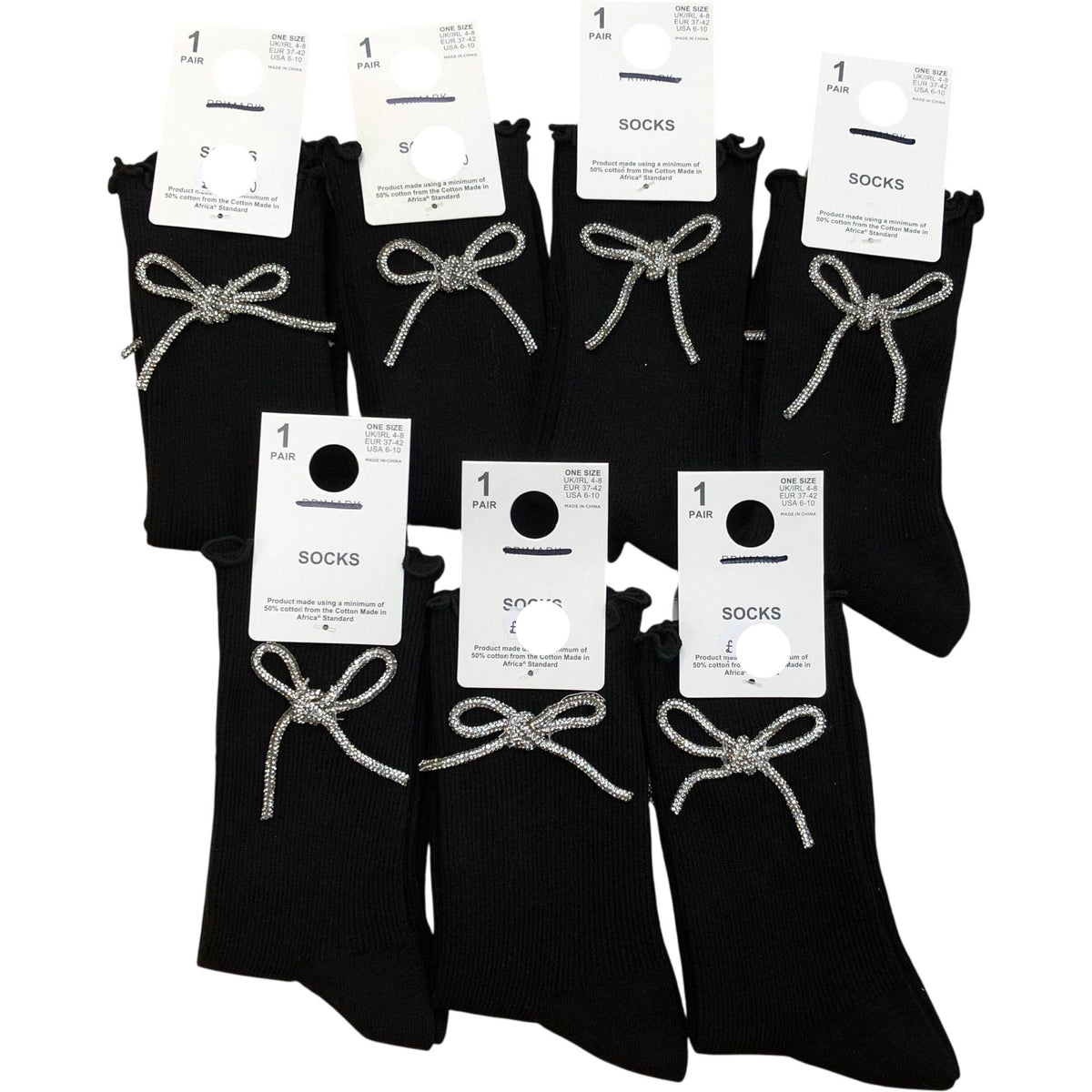 Women's Ankle Socks Black With Bow Detail 7 Pack Size UK 4-8