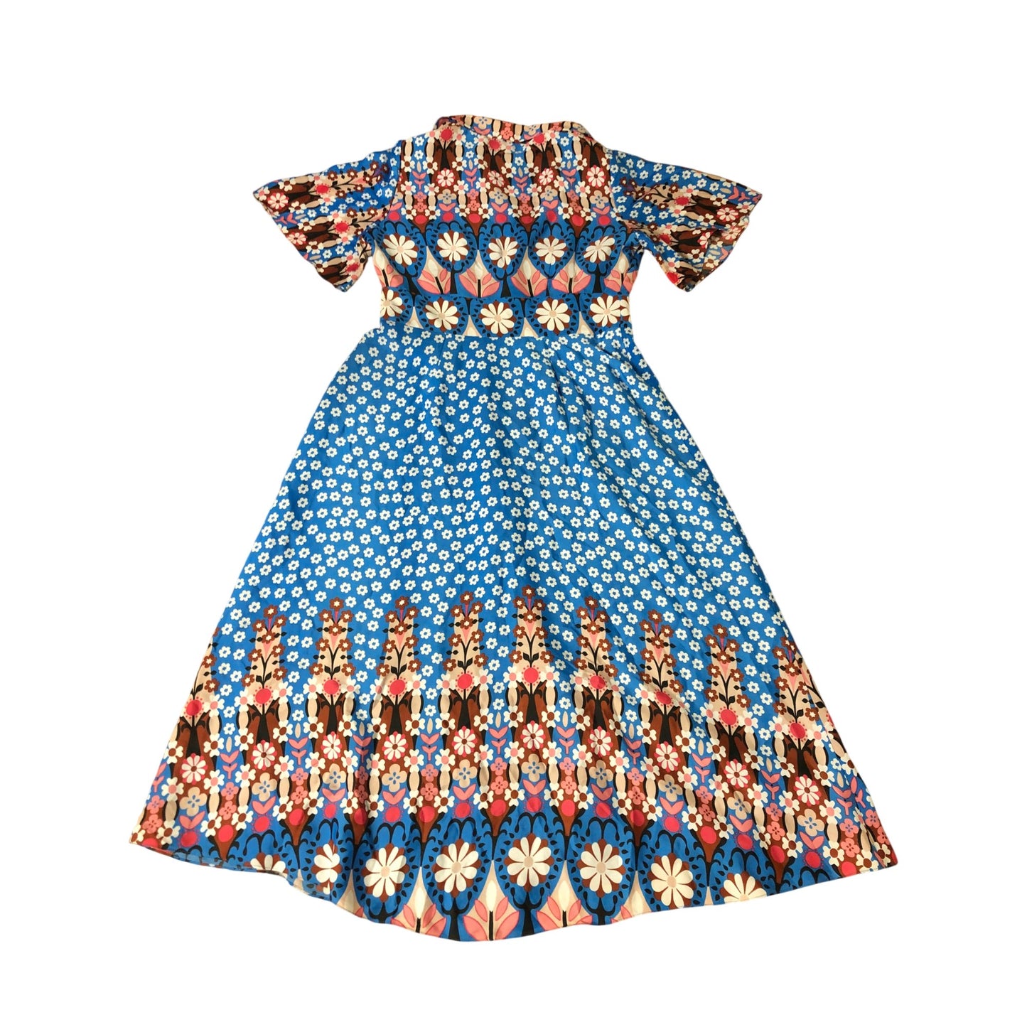 Floral Print Dress UK12 Women's Short Sleeve Blue Patterned Summer Chic