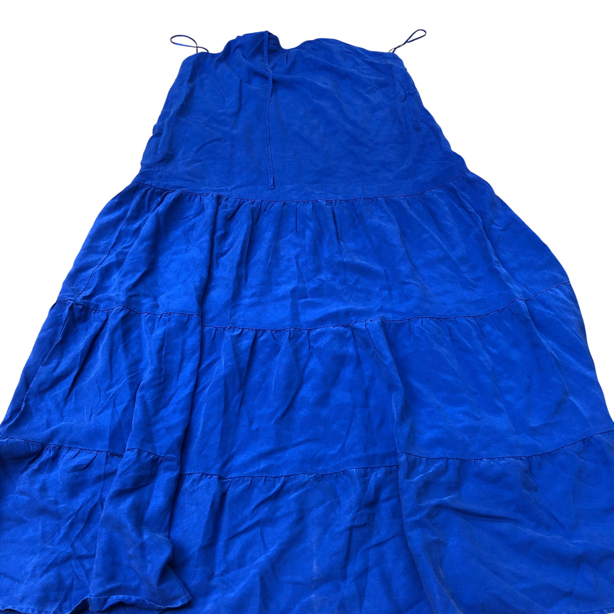 Baukjen Women's Blue Tiered Maxi Dress Size 14 100% Tencel V Neck Summer