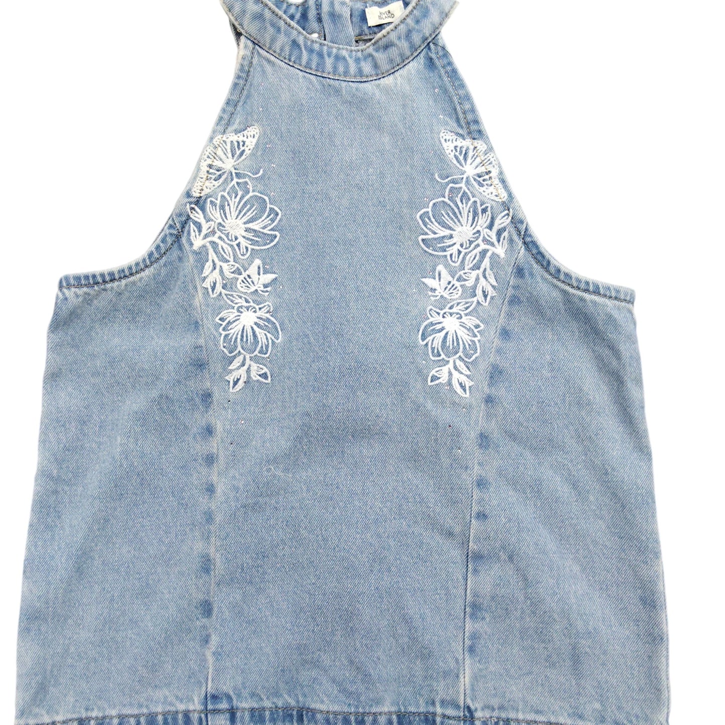 River Island Denim Tank Top 12YRS Women's Floral Embroidery Light Blue