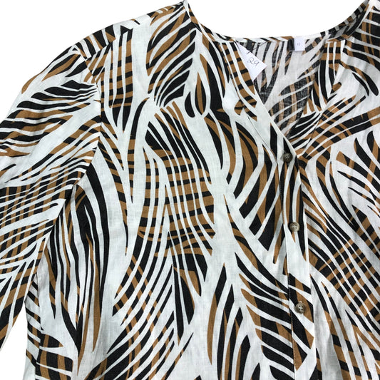 Branded Stylish Linen Blouse UK12 Women's White Brown Printed Long Sleeve Top