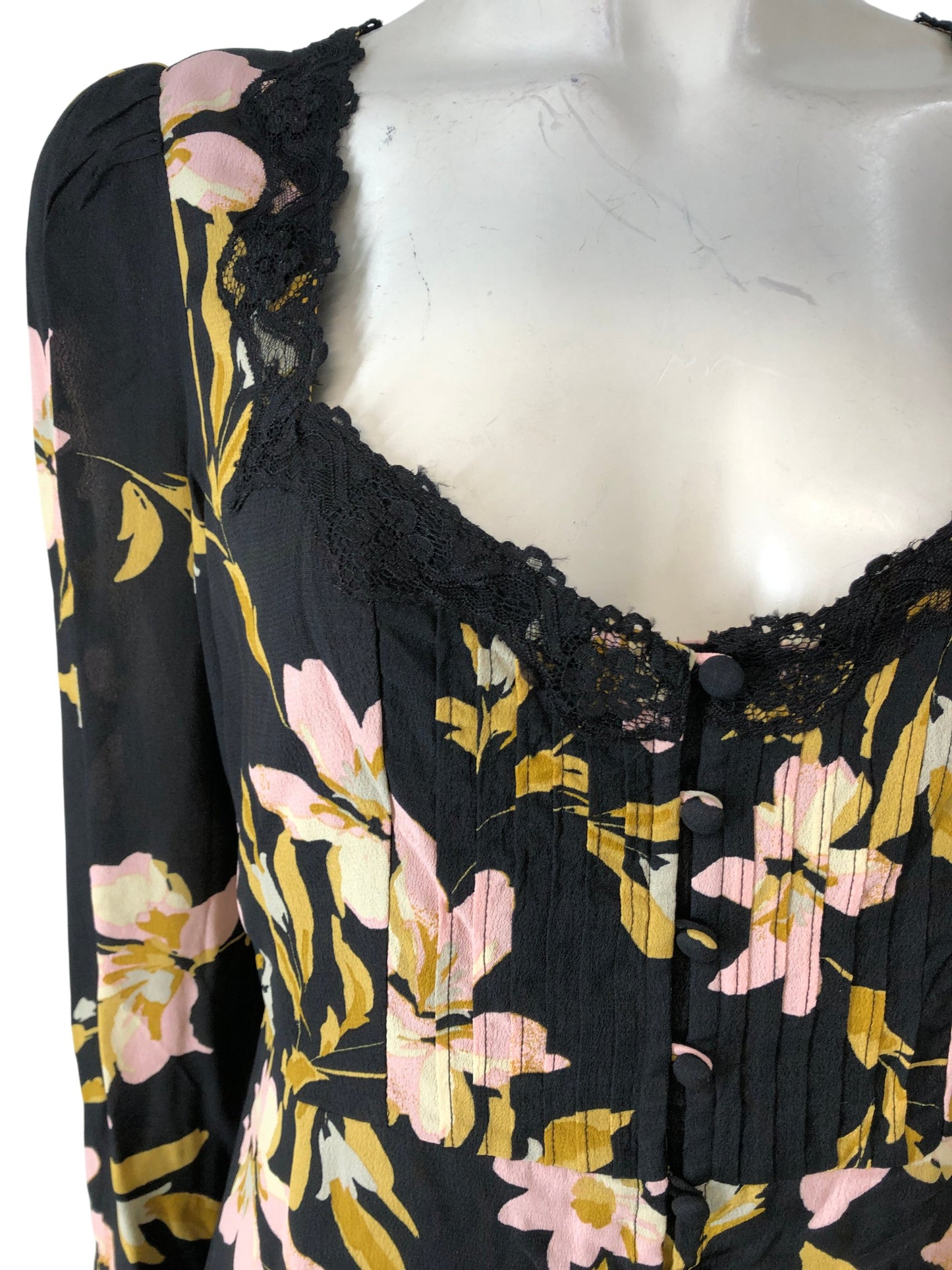 RIVER ISLAND Floral Mini Dress UK14 Women's Long Sleeve Lace Detail Black