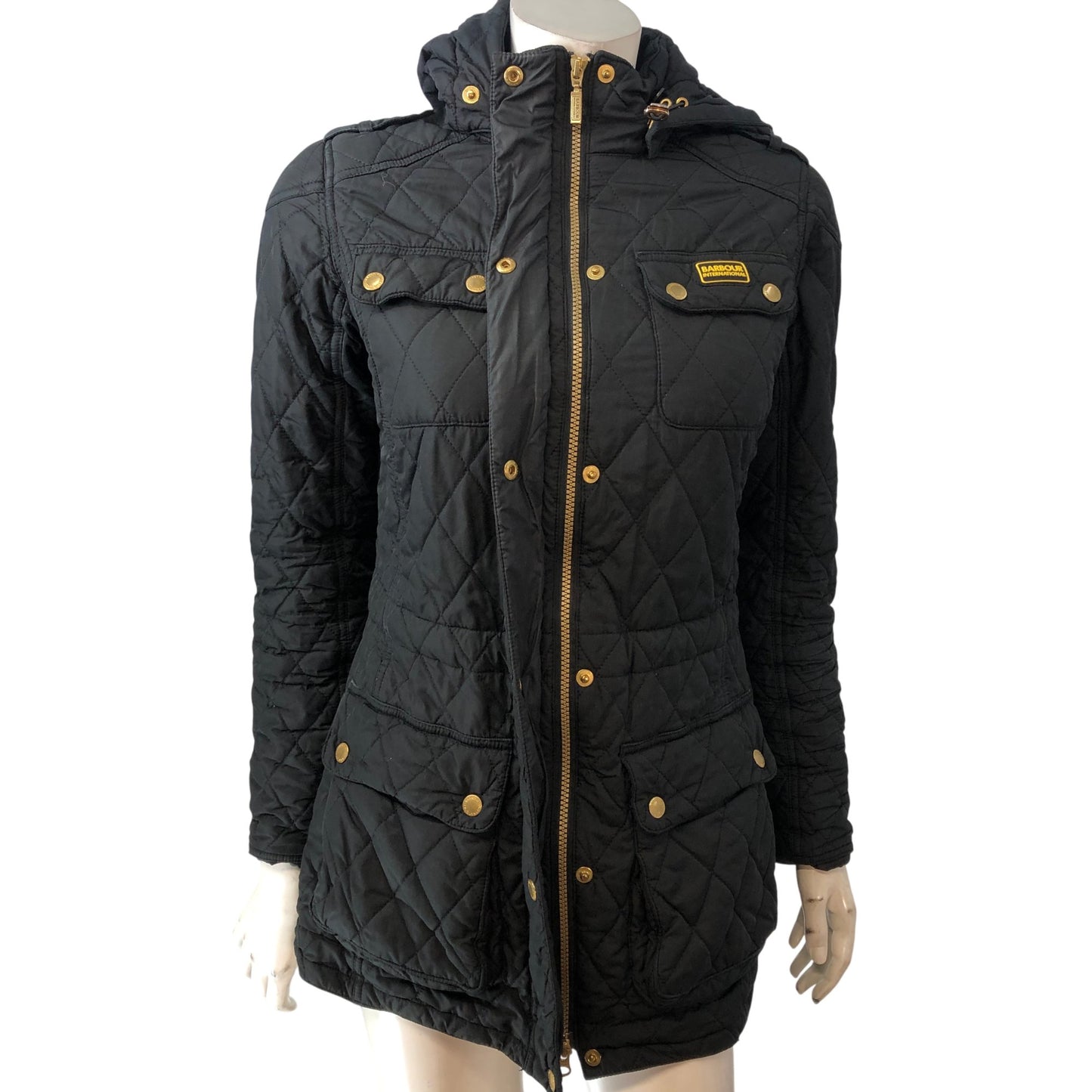 Barbour International Quilted Puffer Jacket UK10 Women's Black Hooded Outerwear