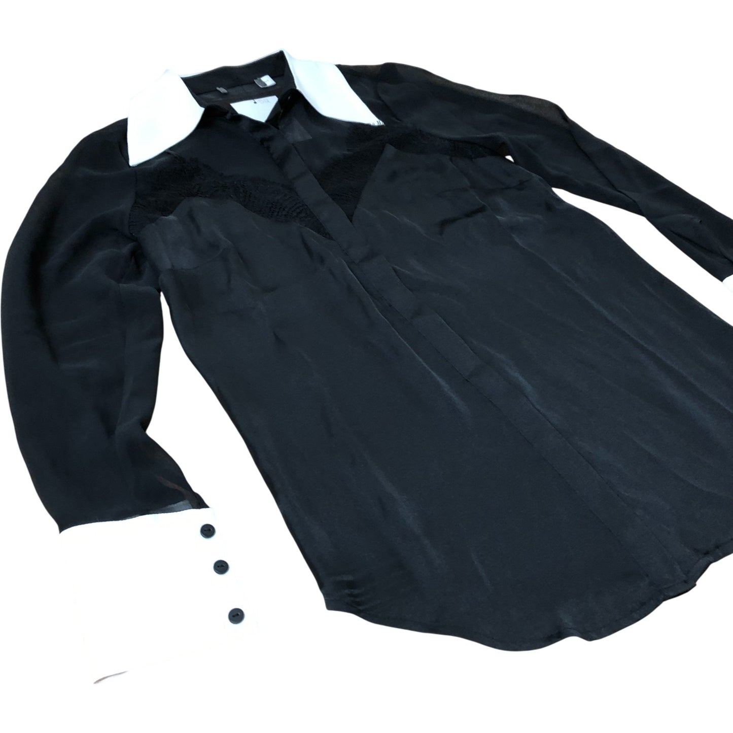 Branded Black Shirt UK8 Women's Long Sleeve Sheer Satin with White Collar