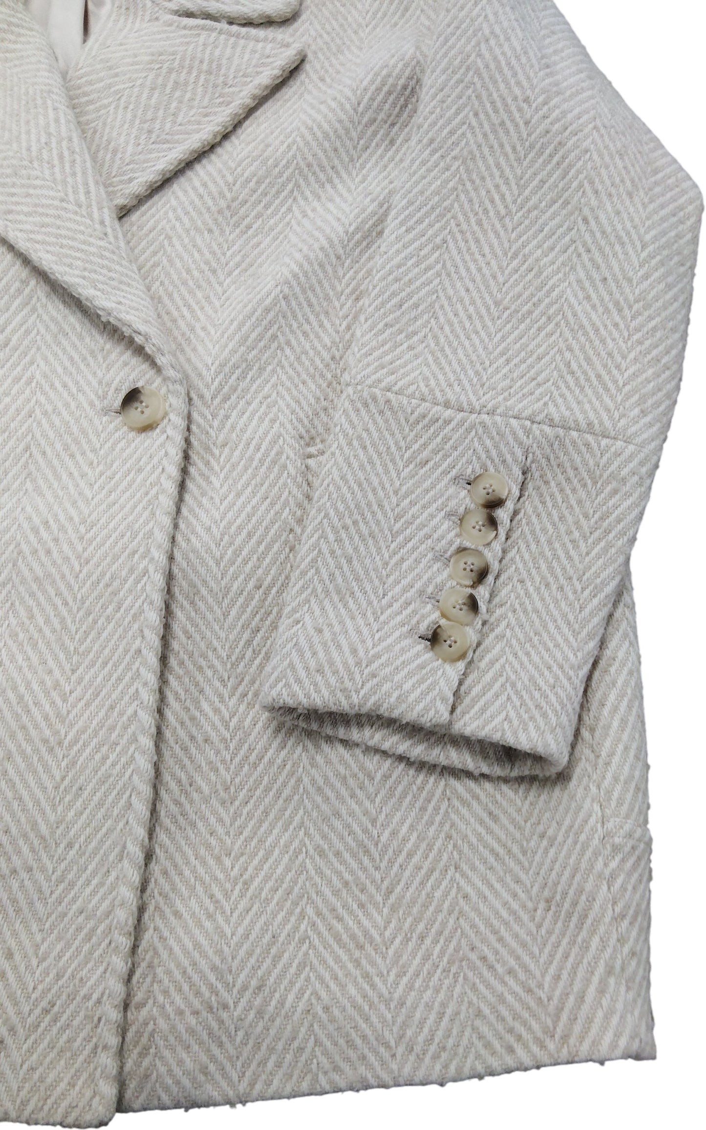 Stylish Women's Herringbone Coat Size L Warm Thick Outerwear Beige Jacket