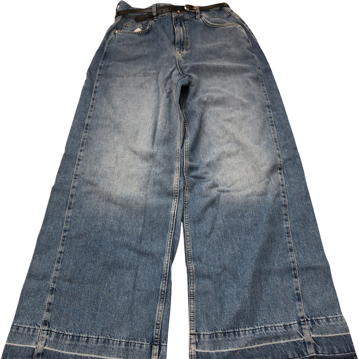 River Island Wide Leg Jeans Women's Blue Classic High Waisted Belted