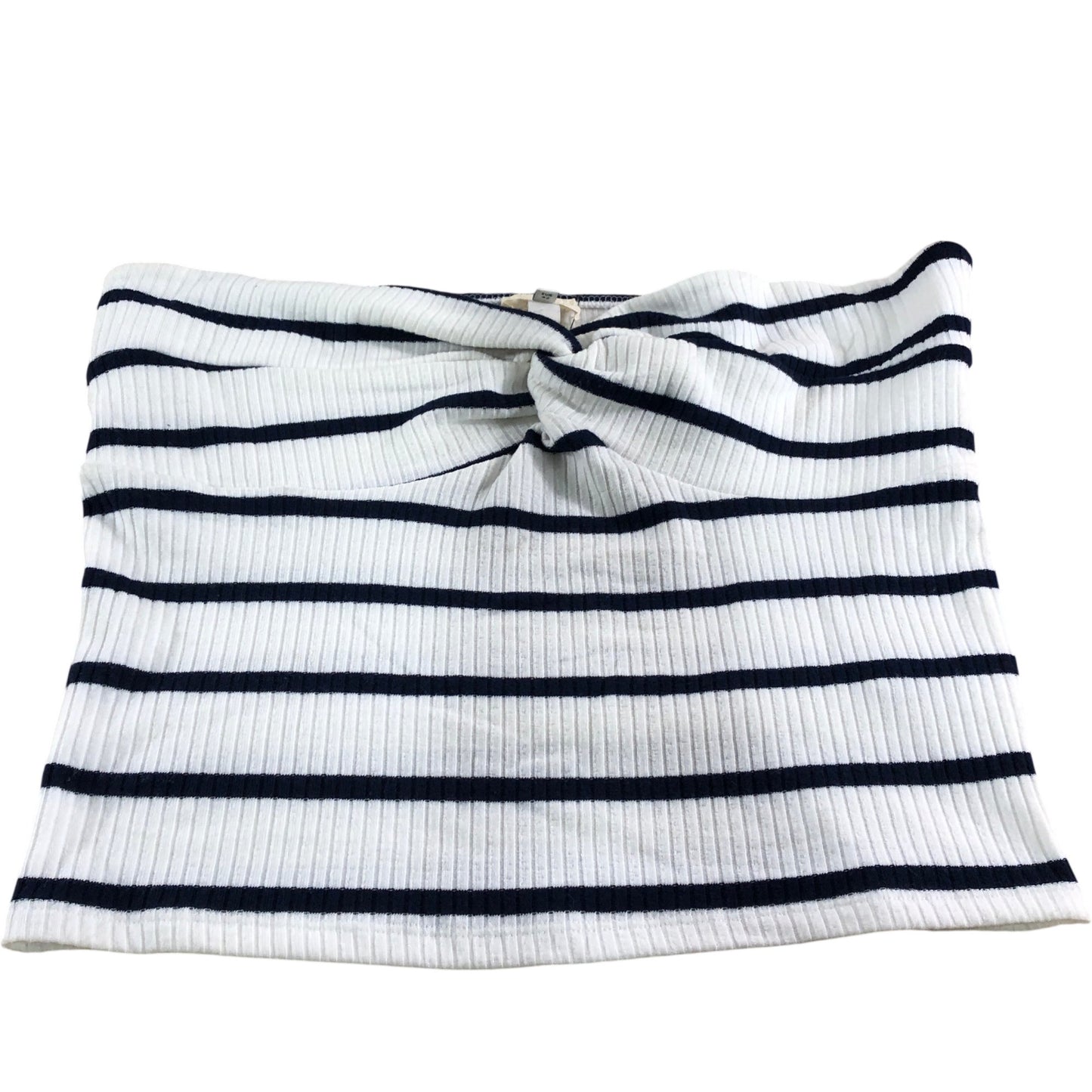 River Island UK16 Women's Striped Knotted Strapless Ribbed Top White Navy