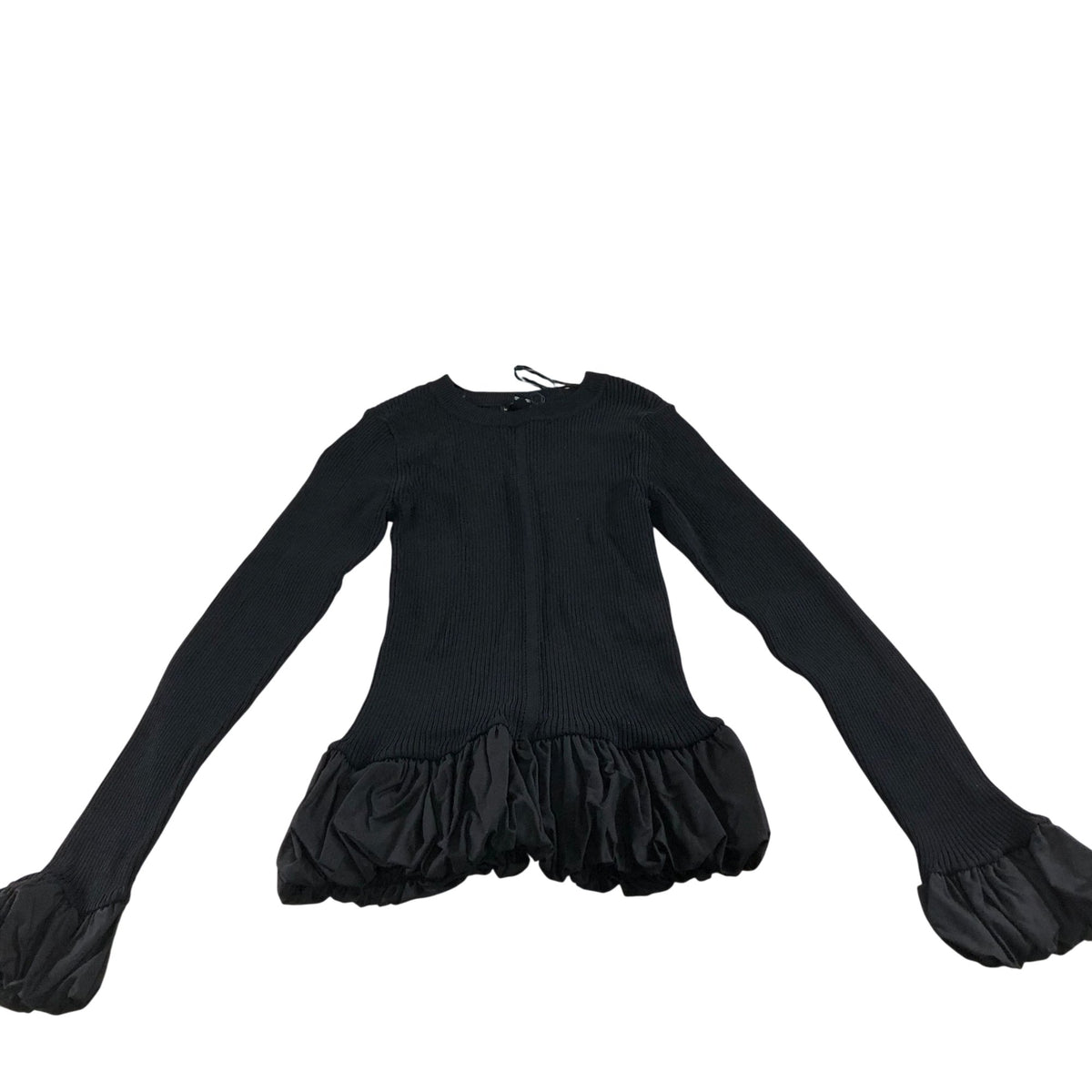 River Island Black Ruffled Hem Long Sleeve Top Women's Ribbed Knit Fashion UK8