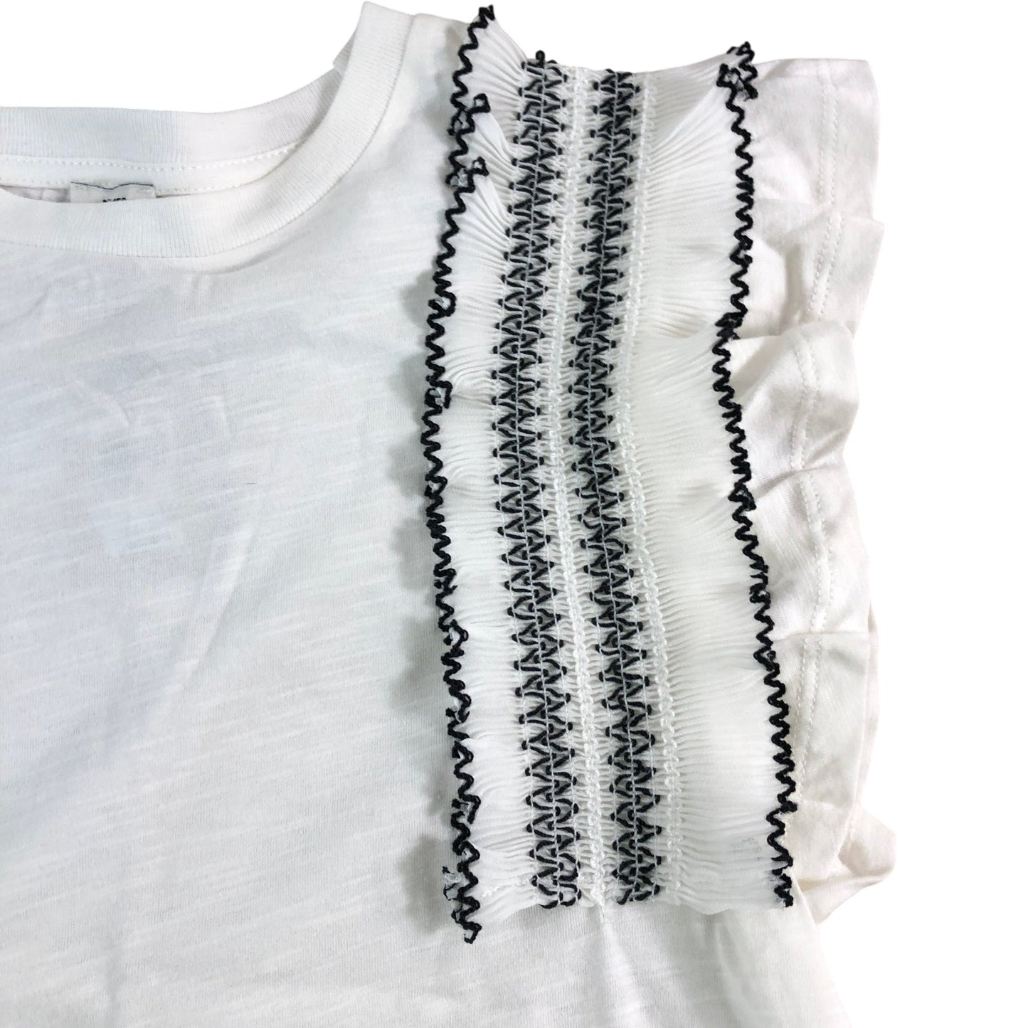 RIVER ISLAND Girls Top UK9-10 Years White Ruffle Sleeve Embroidered Design