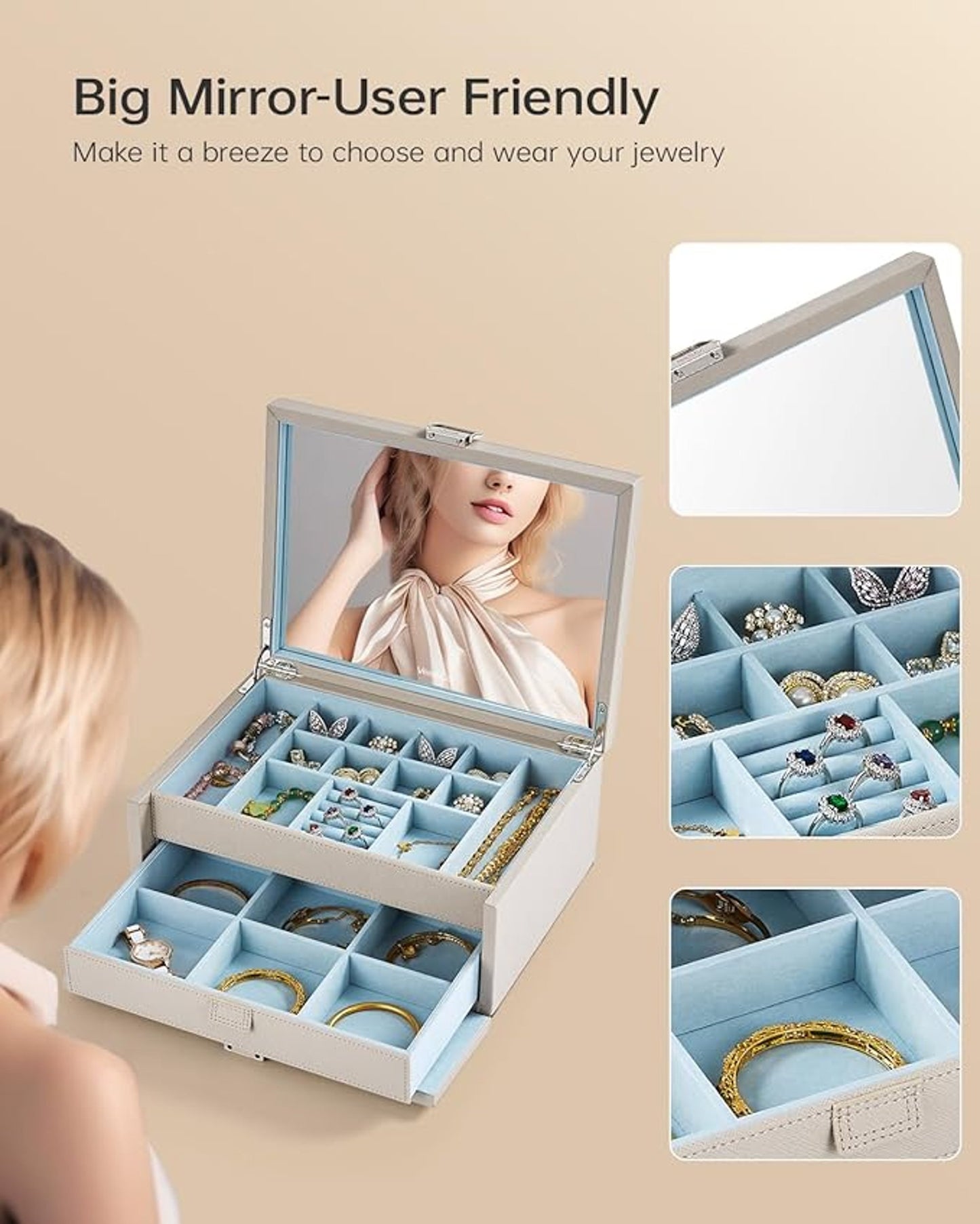 Vee&Co Jewellery Organiser Grey And Blue 2 Layers With Mirror