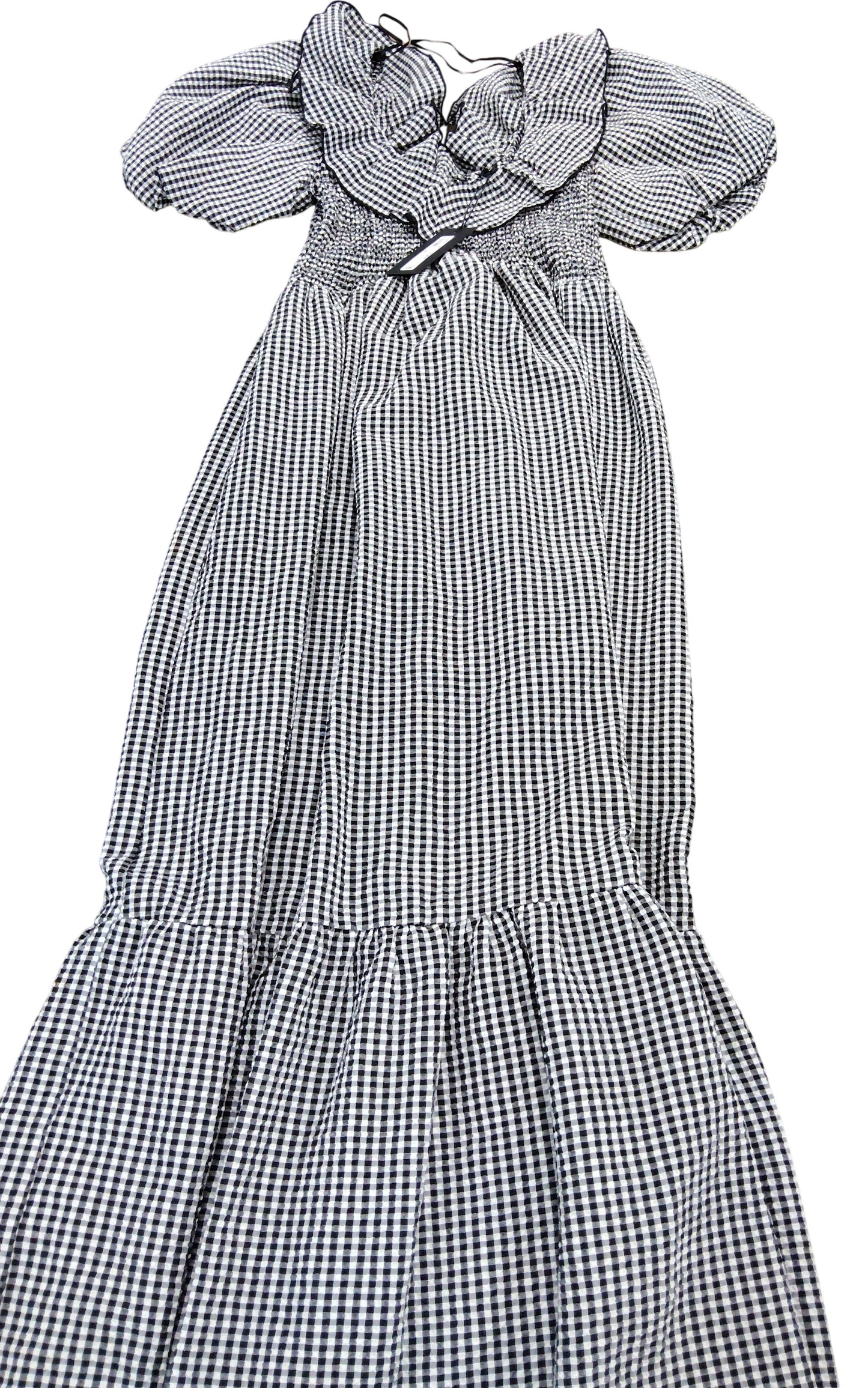 River Island Cocktail Gingham Dress Black White Smocked Puff Sleeve UK 8 Women's