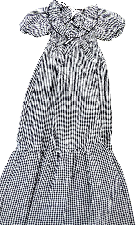 River Island Cocktail Gingham Dress Black White Smocked Puff Sleeve UK 8 Women's