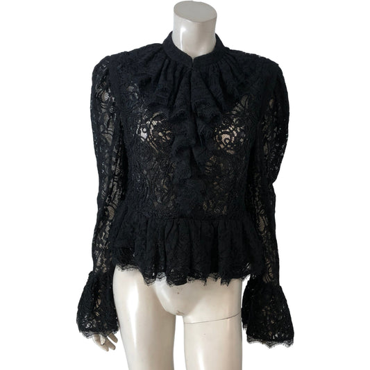 Branded Black Lace Peplum Top Size 12 Women's Ruffle Detail Romantic Style