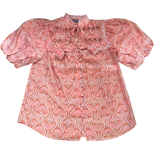 Orange Printed Cut Out Tie Blouse Size M