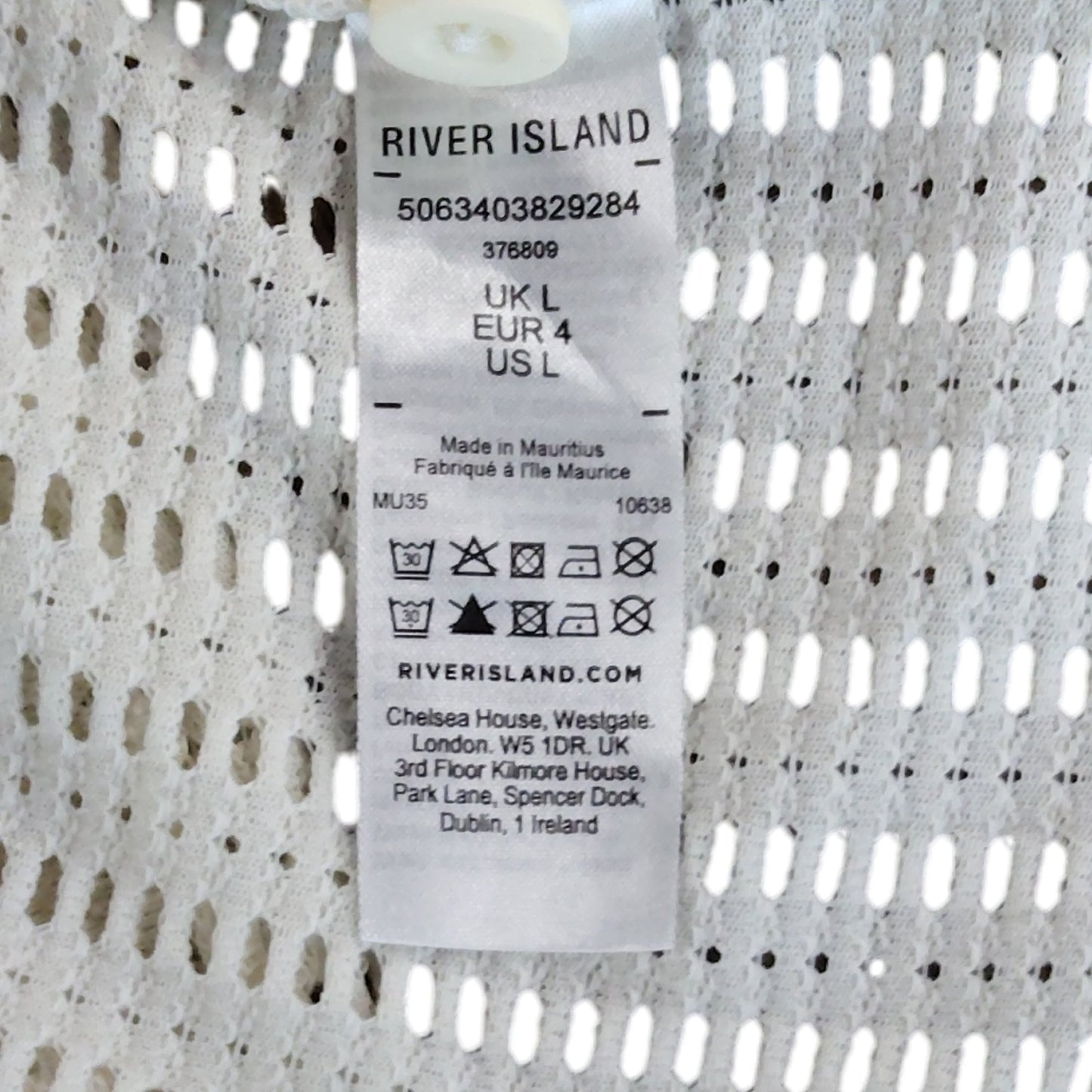 River Island Short Sleeve Polo Shirt White Lace Knit UK L Men's Casual Top