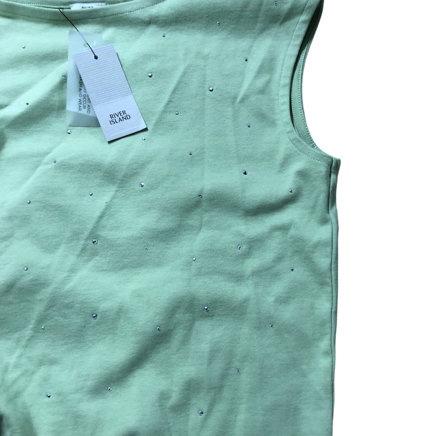 River Island Girls Tank Top 9-10 Years Light Green Gem Embellished Asymmetric