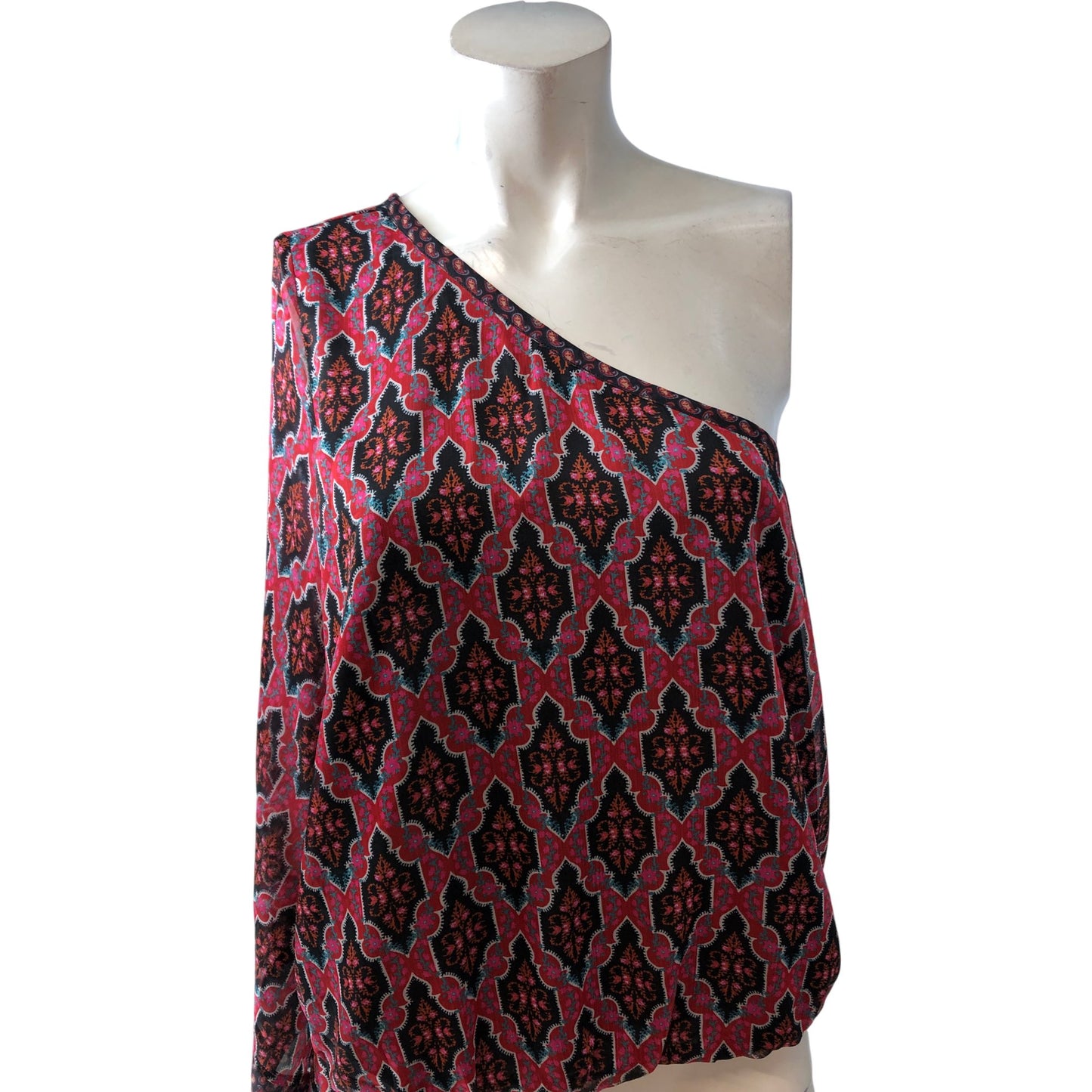 Elegant One Shoulder Top Women's Fashion Blouse Size 16 Multi Colour Print