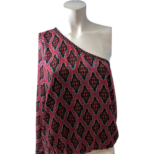 Elegant One Shoulder Top Women's Fashion Blouse Size 16 Multi Colour Print