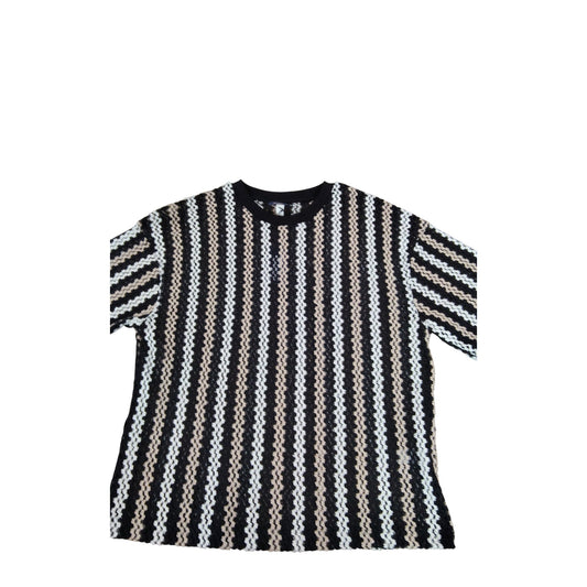 River Island Striped T-Shirt UK M Casual Crochet Black Cream Knit