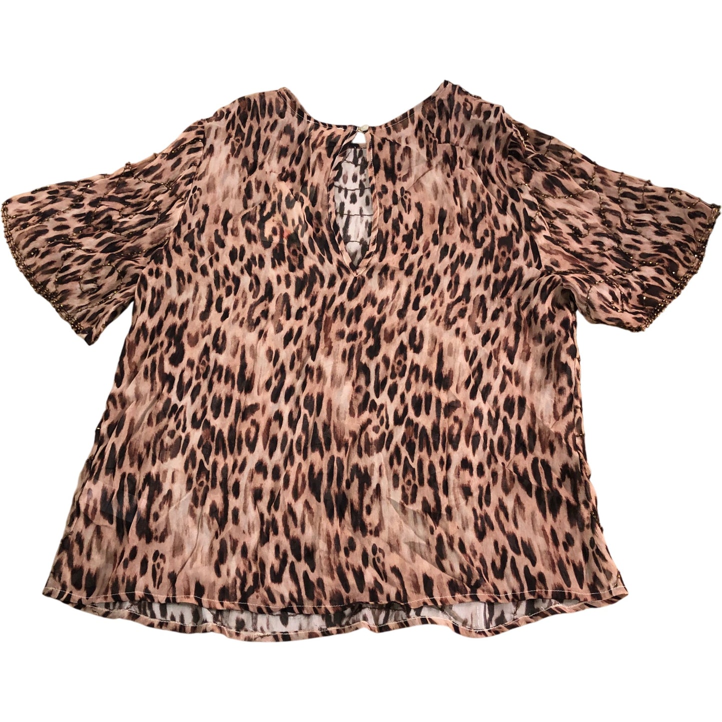 River Island UK12 Women's Viscose Blouse Animal Print Beaded Short Sleeve Top