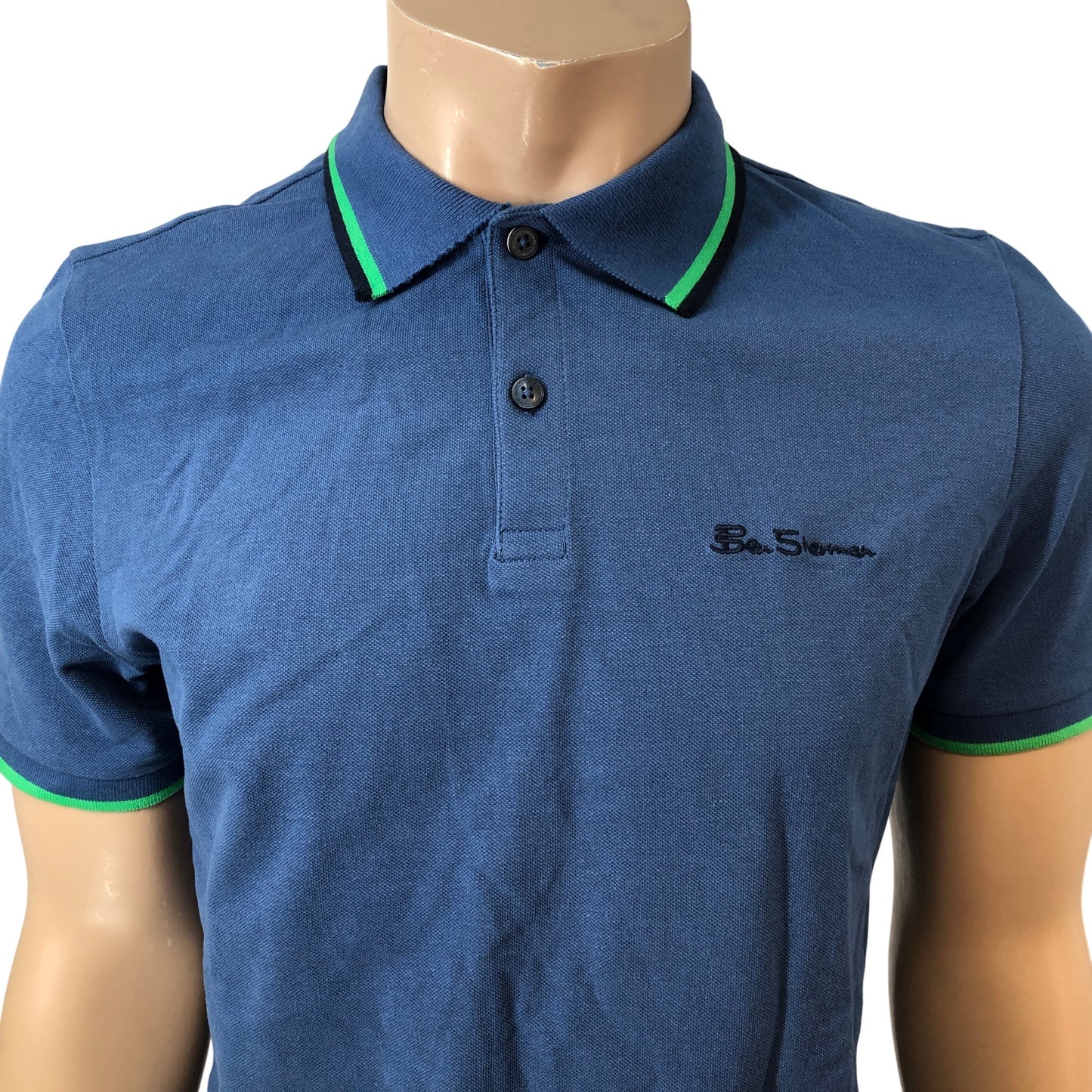 Ben Sherman Small Polo Shirt Men's Riviera Blue Short Sleeve Green Trim