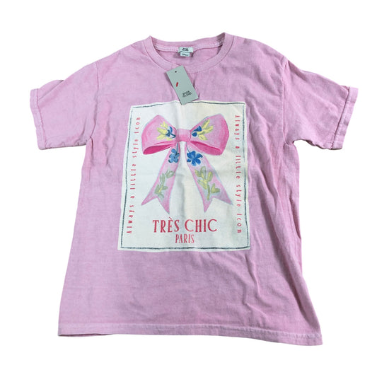 River Island Girls T-Shirt UK7-8 Pink Bow Design Short Sleeve Chic Top