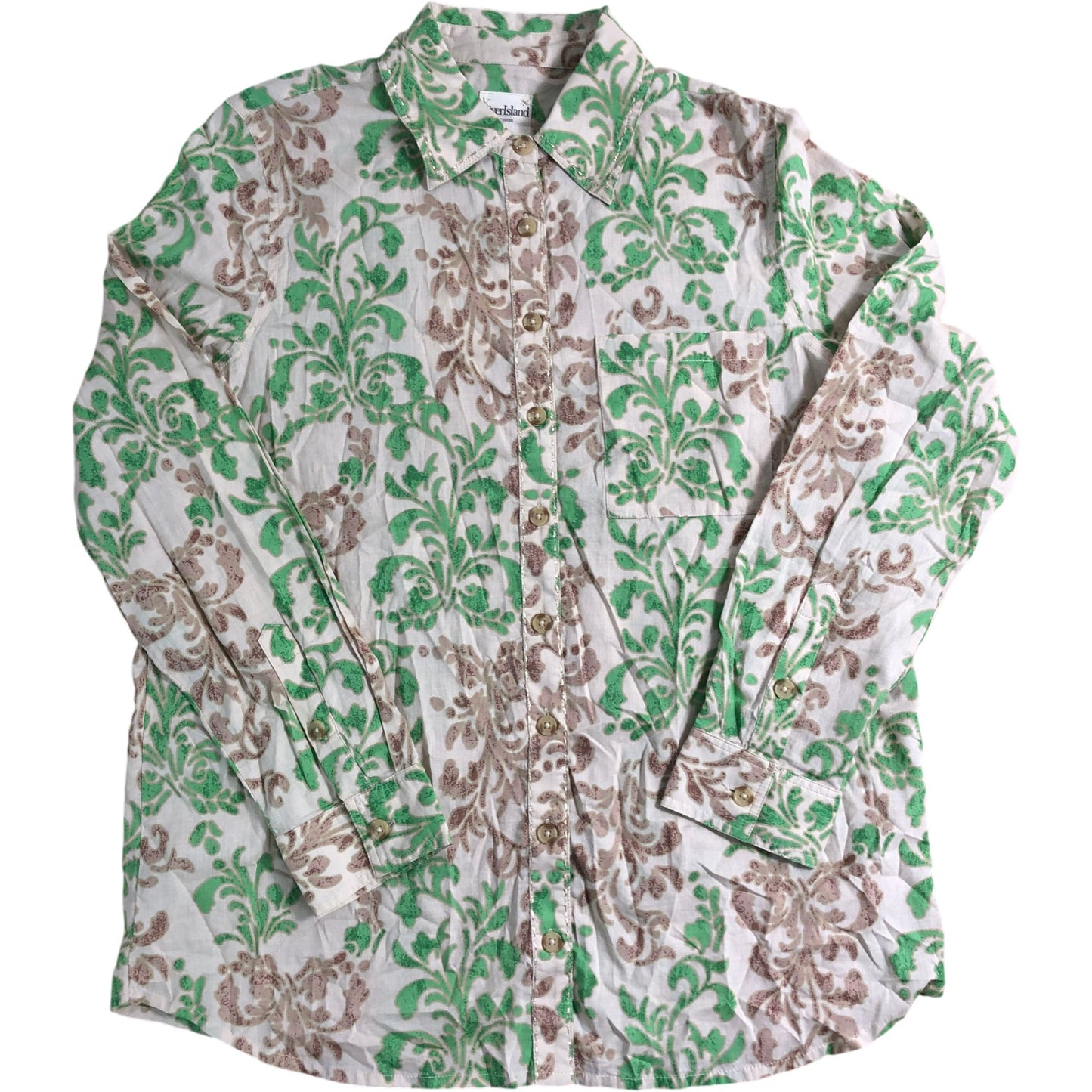 River Island Floral Print Shirt UK10 Women's Green Brown Cotton Long Sleeve