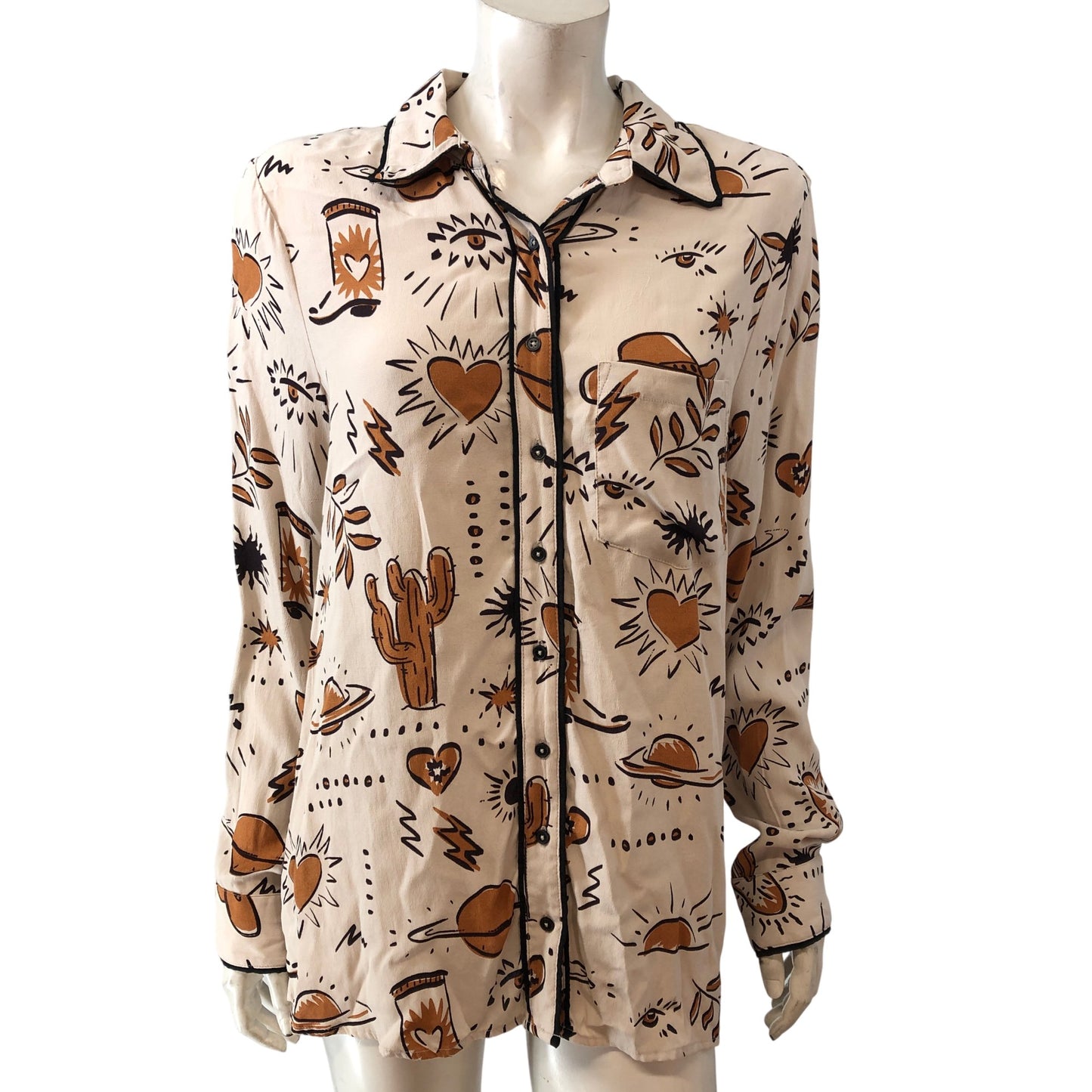 River Island Studios Relaxed Casual Shirt UK14 Women's Beige Light Pattern