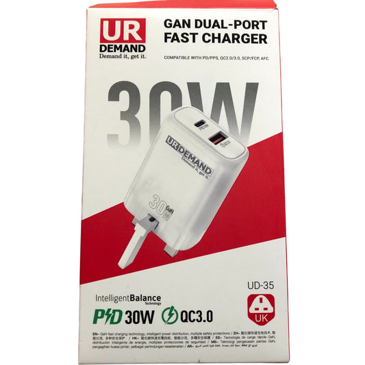 UR Demand 30W Gan Dual Port Fast Charger Model UD35 QC3.0 USB C Adapter