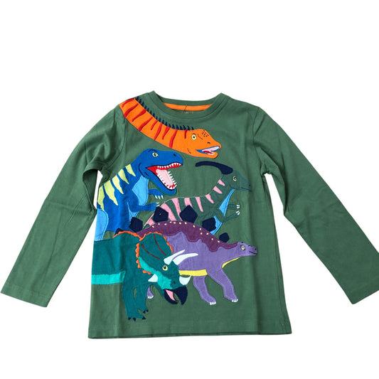 Boden Long Sleeve T-Shirt Boys Dino Print Green Cotton Fun 5-6 Years