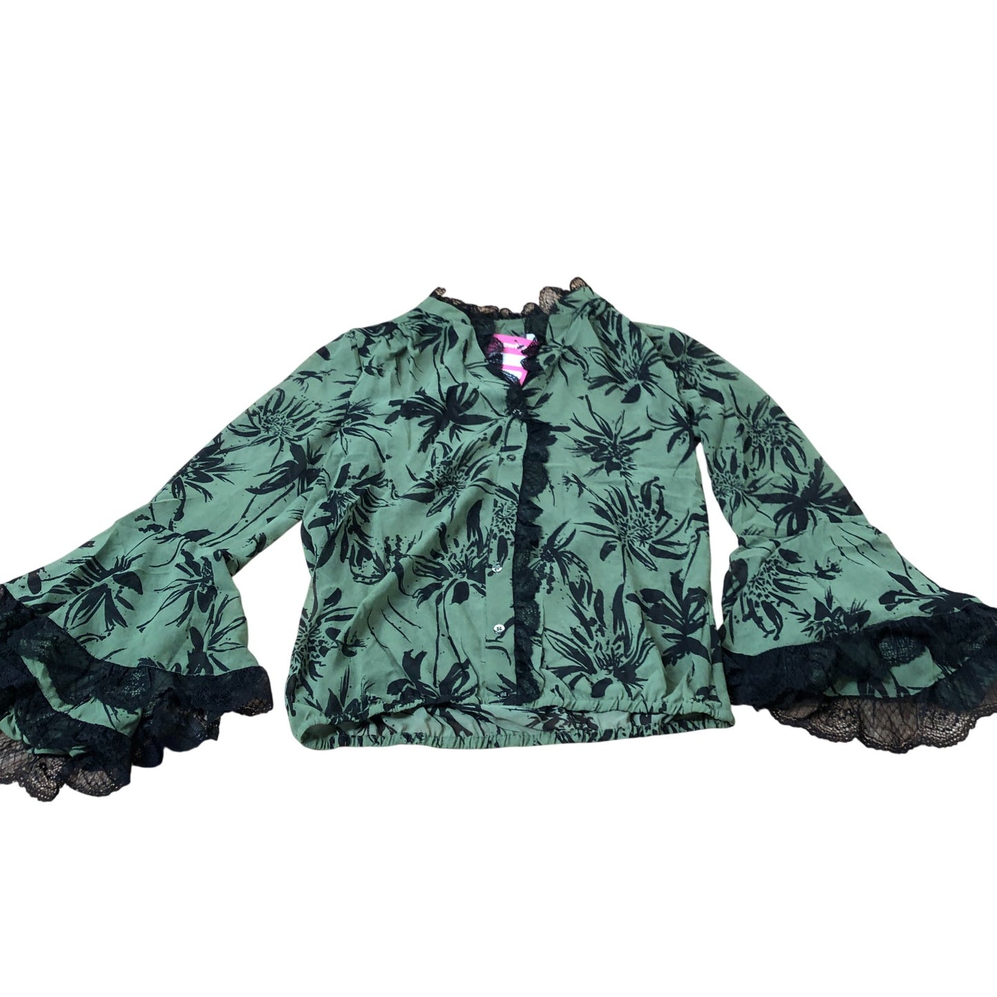 Branded Green Floral Lace Trim Blouse Women's Casual Long Sleeve Top UK6