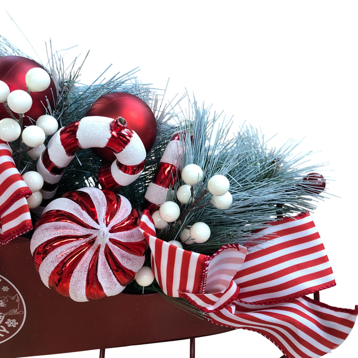 Festive Christmas Sleigh Decoration with Red Glitter Ornaments & Bows
