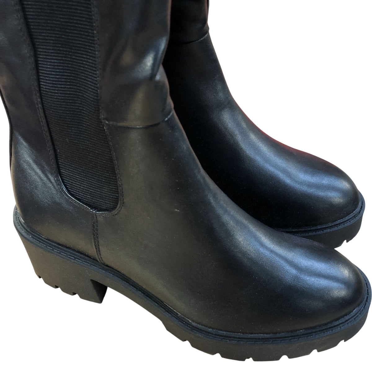 Wide Fit Black Knee High Boots Chunky Heel Faux Leather Size 5