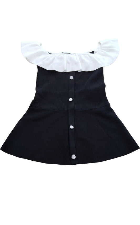 River Island Women's Black Top Size S With White Ruffled Neckline