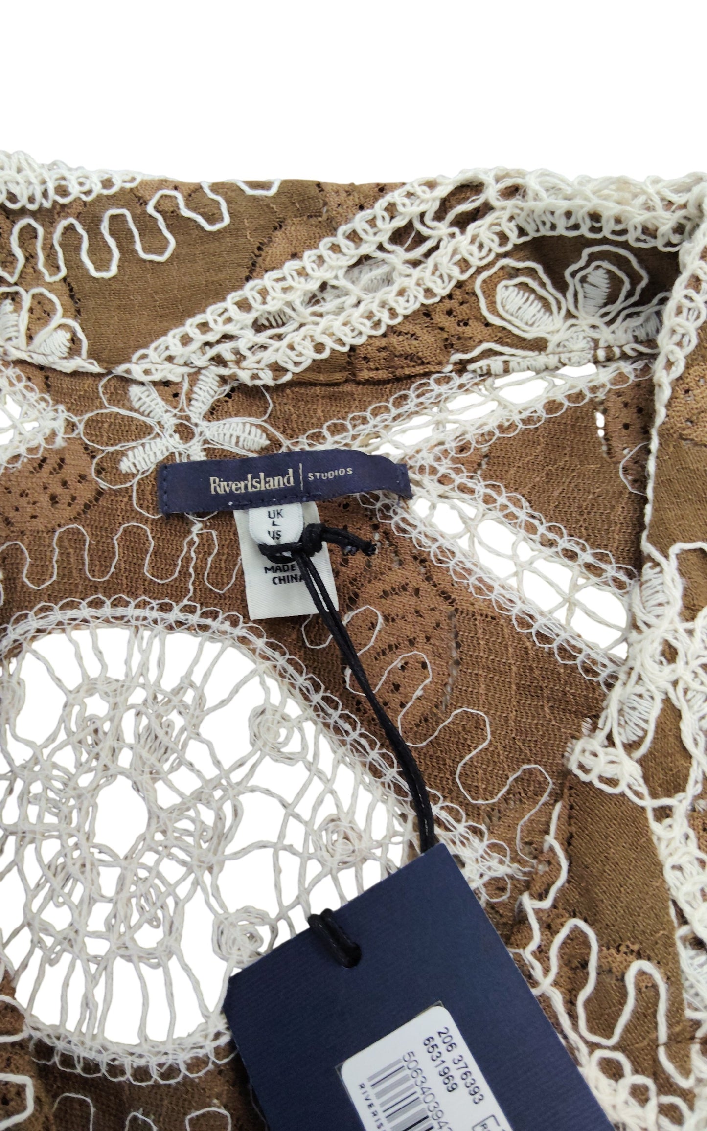 River Island Studios Brown Embroidered Shirt UK L Men's Short Sleeve Top