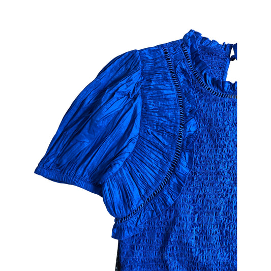 River Island Women’s UK14 Blue Smocked Top with Puff Sleeves and Ruffles