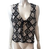 River Island Women's Crochet Vest Top UK L Black White Floral Design Vintage