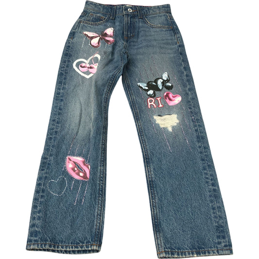 Girls Stylish Denim Jeans Decorated With Butterflies Hearts Size 8 Years