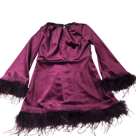 River Island UK12 Women's Burgundy Dress With Fluffy Hem Long Sleeve