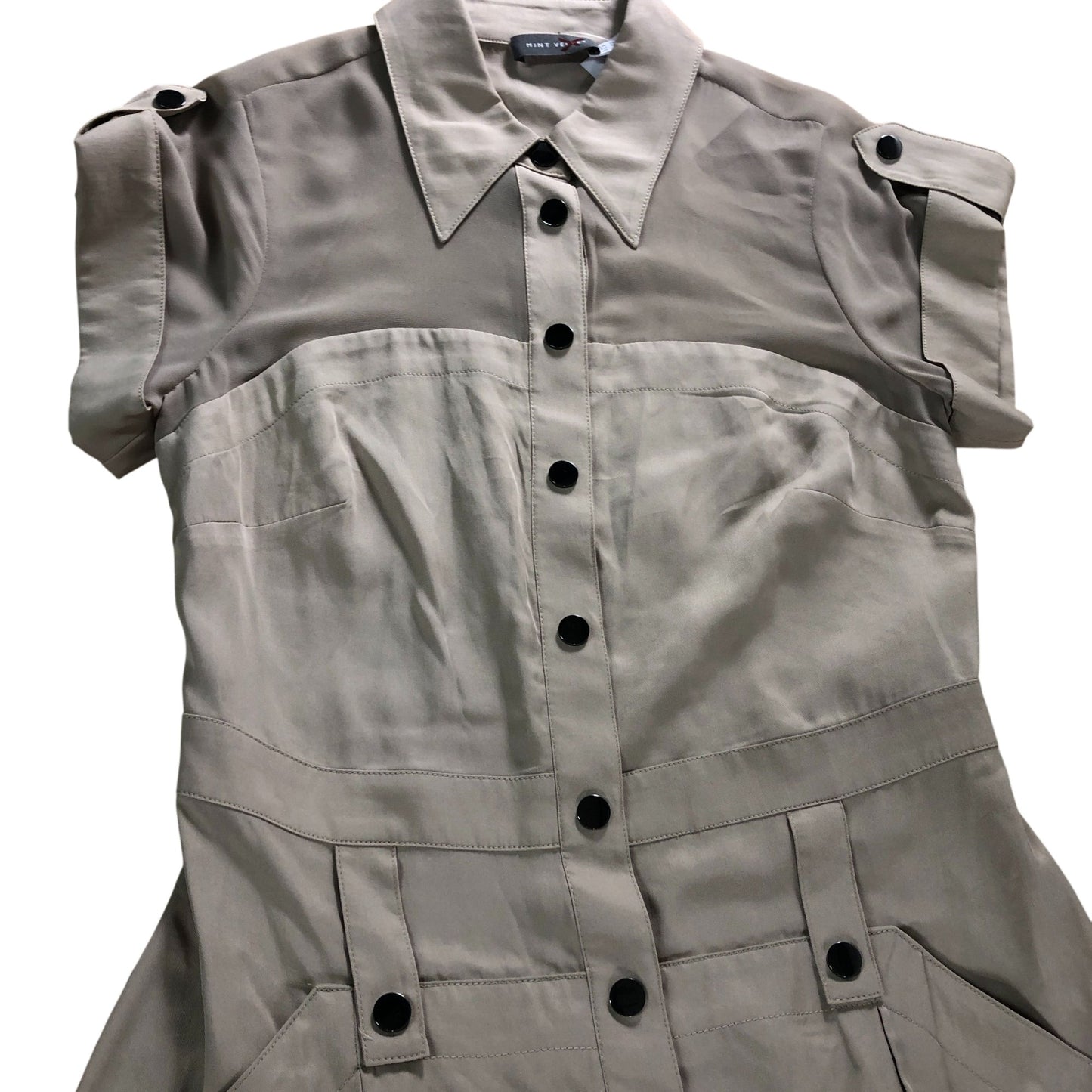 Shirt Dress UK10 Women's Khaki Short Sleeve Button Up