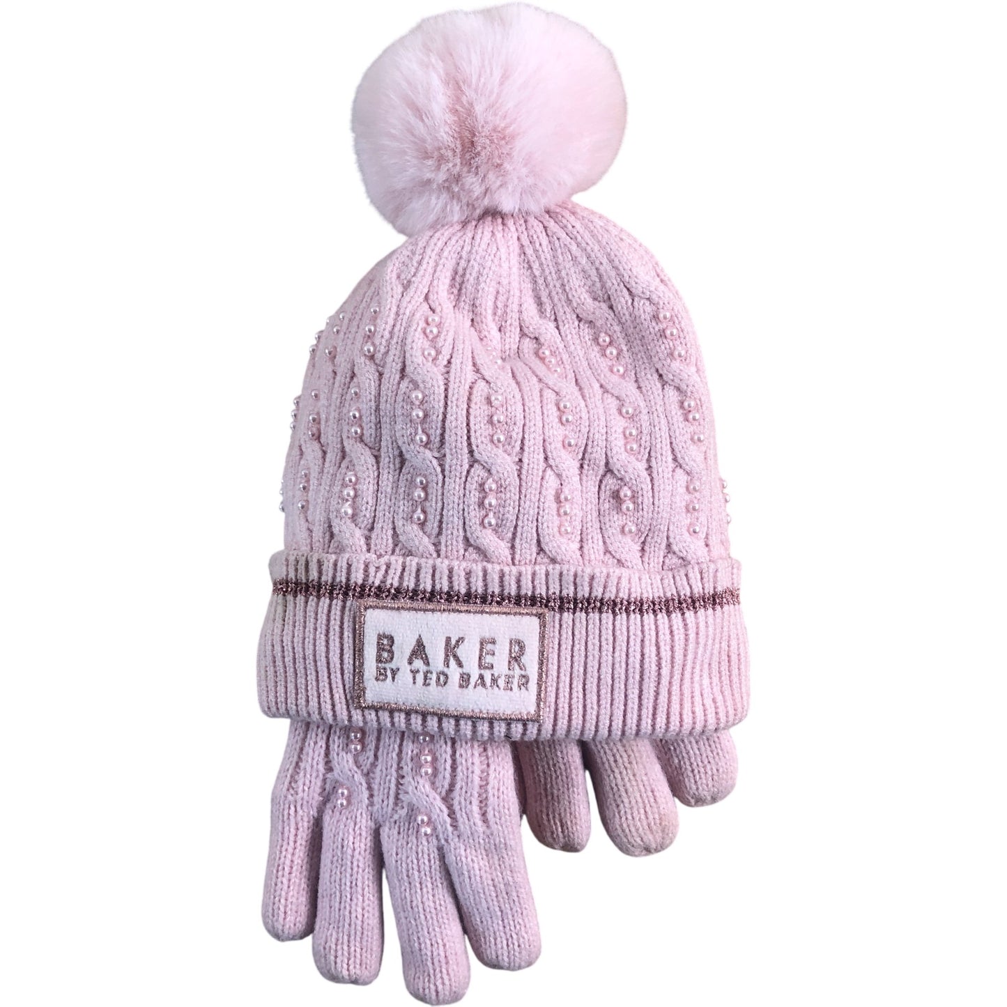 Baker By Ted Baker Girls Cable Knit Hat And Gloves Set 7-10 Years Pink