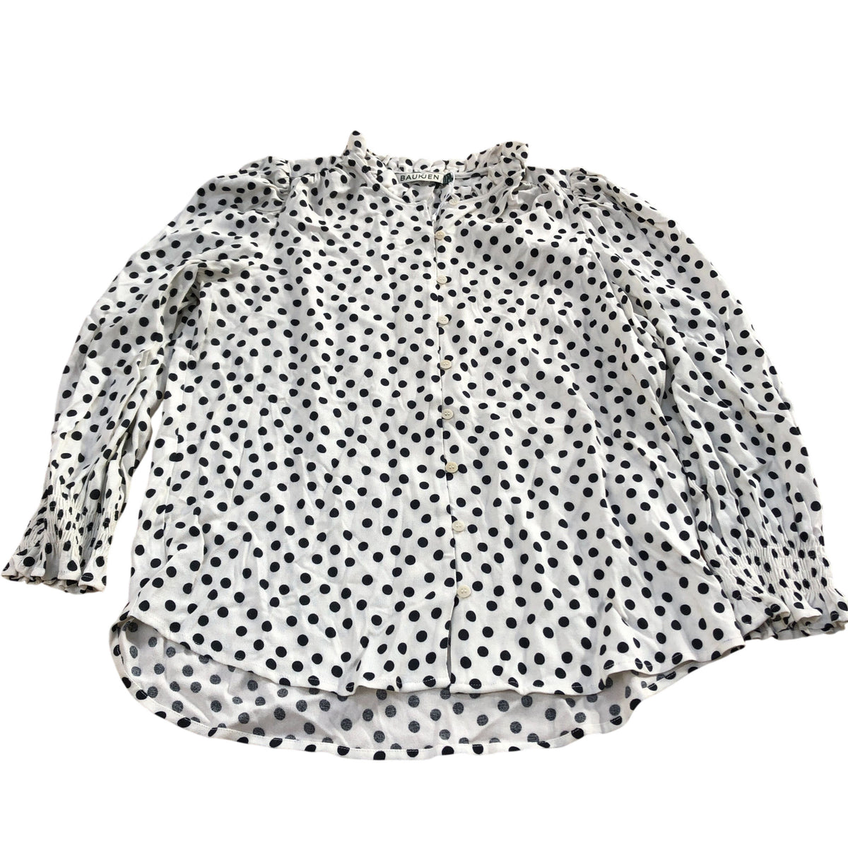 Baukjen Women's Polka Dot Blouse Size 8 Viscose Long Sleeve Ruffled Neck