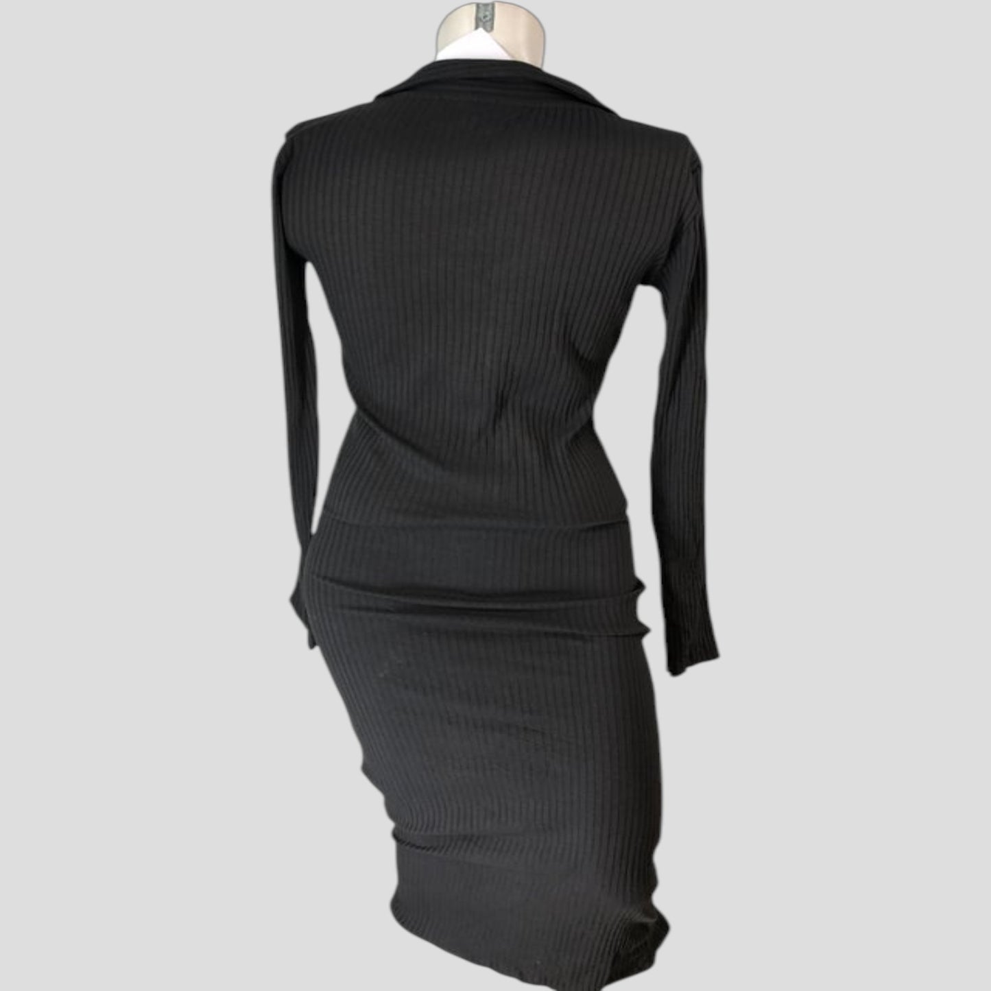 Branded V-Neck Button Midi Dress UK10 Women's Ribbed Black