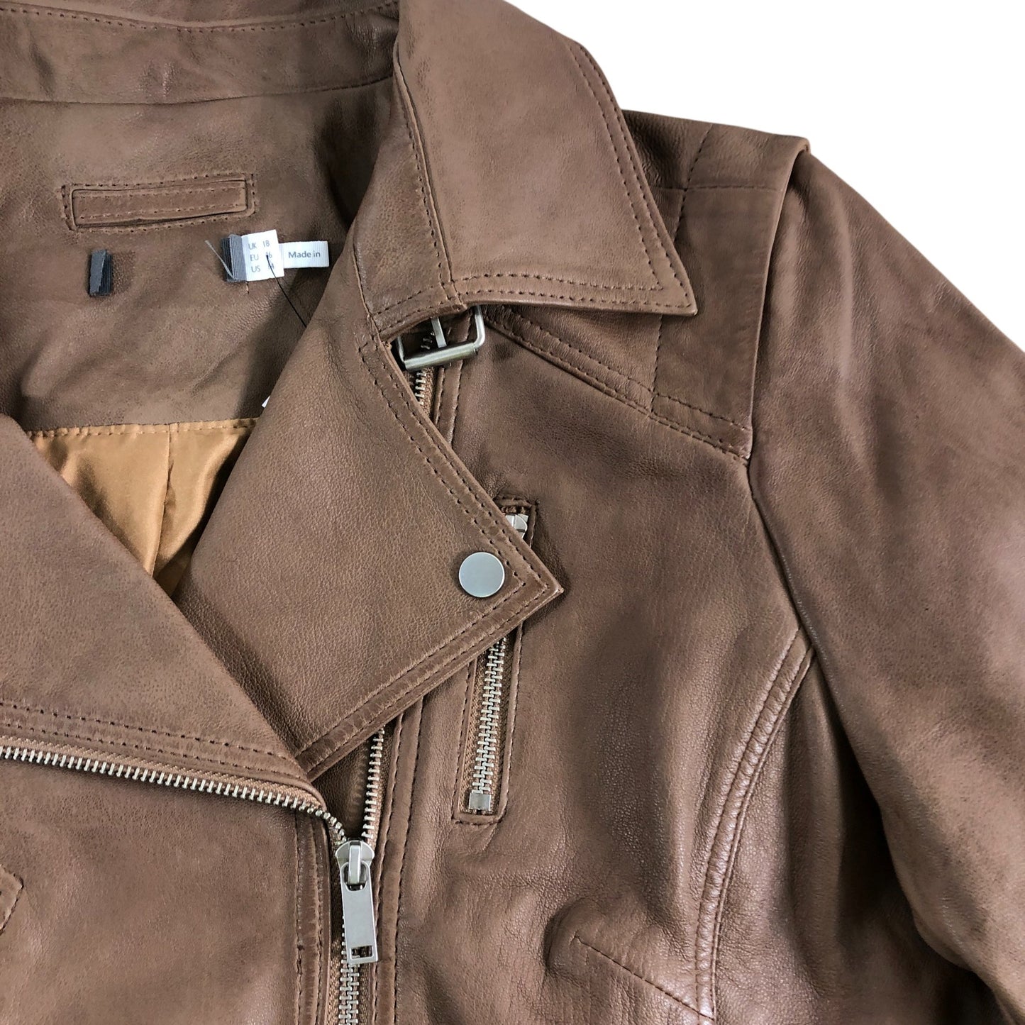 Branded Tan Brown Leather Biker Jacket UK18
