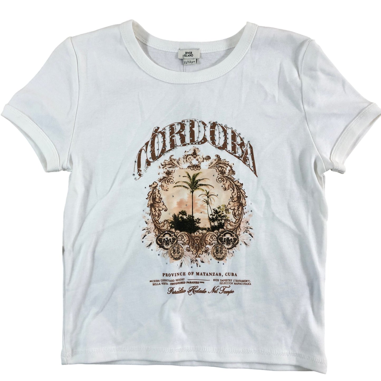 River Island Girls T-Shirt Size 11-12 Years White Tropical Print Casual Top