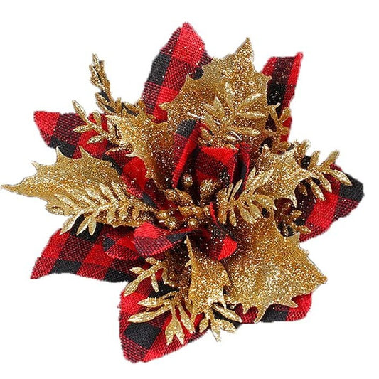 Red Christmas Tartan & Gold Poinsettia Christmas Tree Decorations 24 Pieces